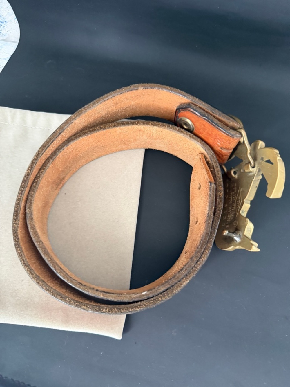 Harley Davidson Solid Brass Brown Leather Belt with Gold Motorcycle Buckle - Picture 6 of 10